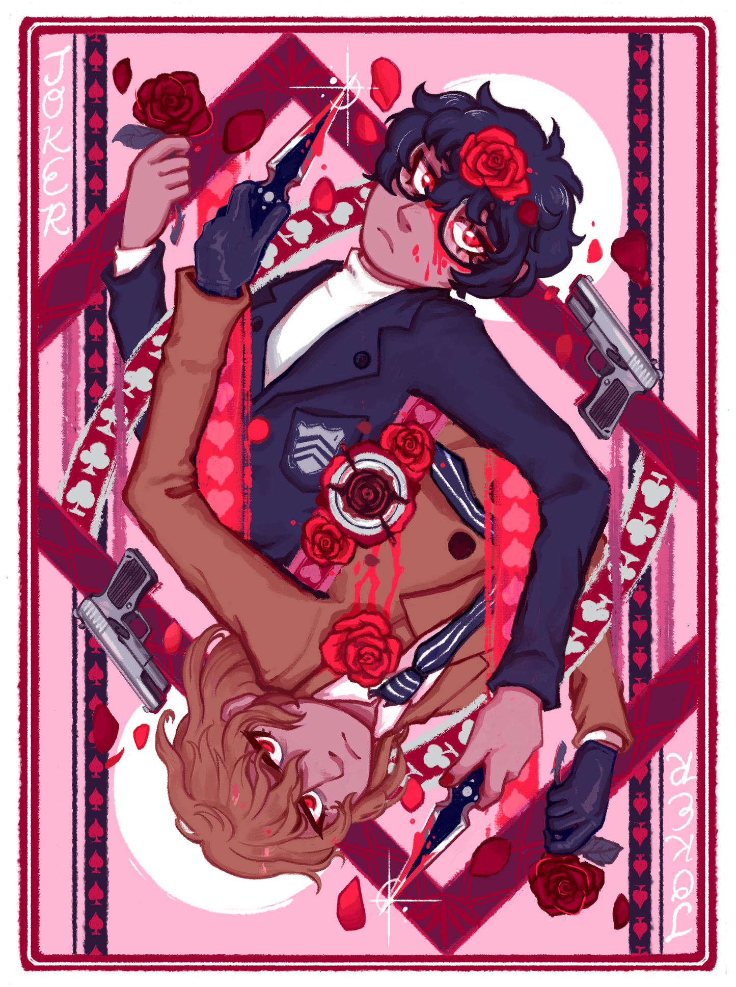 A graphic t-shirt featuring characters from the game Persona 5, with a stylized design in red and pink hues.