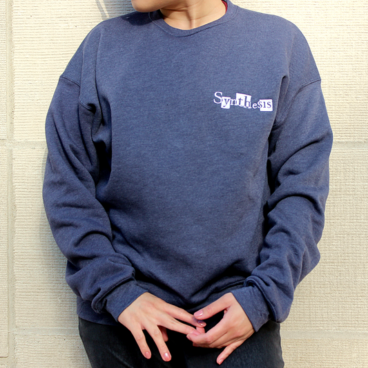 Person wearing a blue sweatshirt with 'Synthesis' Persona 5 Royal fanzine fangame logo against a neutral background